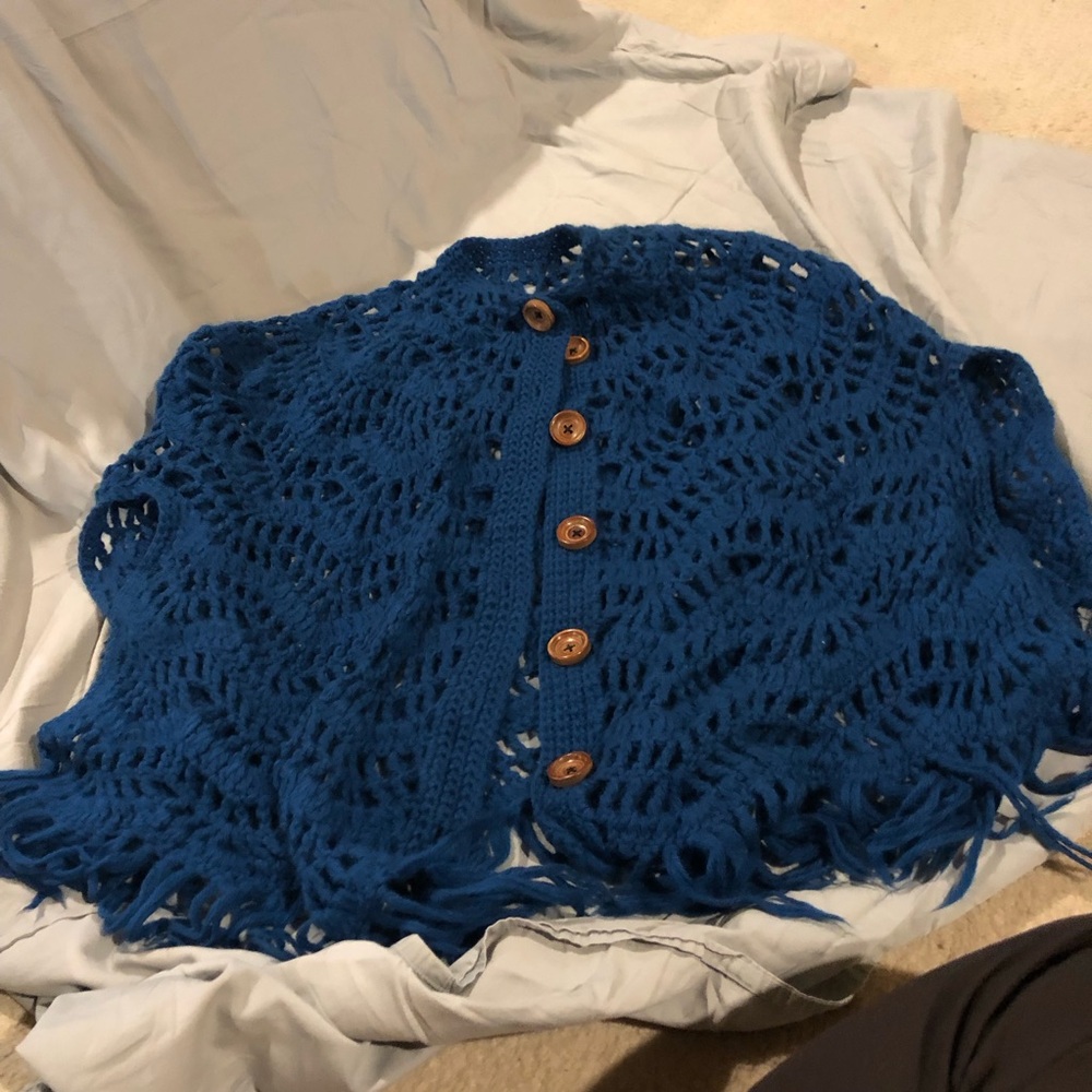 Women's Open-Knit Fringe Button crocheted shawl  - Blue